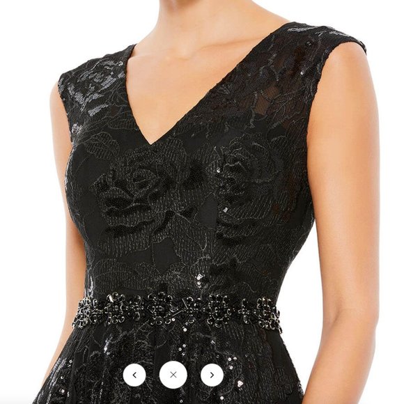 MAC DUGGAL 12413 EMBROIDERED EMBELLISHED WAIST CAP SLEEVE A-LINE BLACK GOWN 16 - Picture 5 of 7